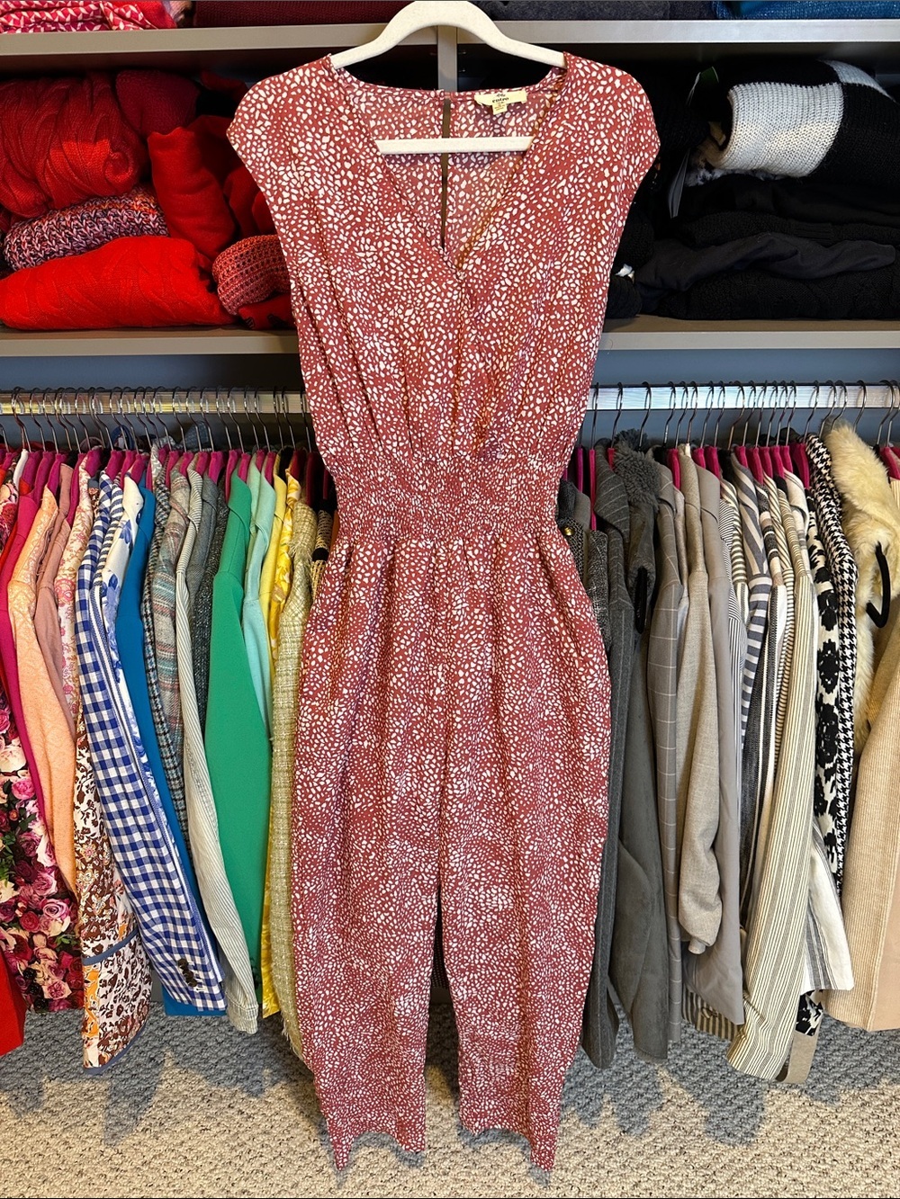 Entro pink/white spotted sleeveless elastic waistband 2 pocket jumpsuit size S